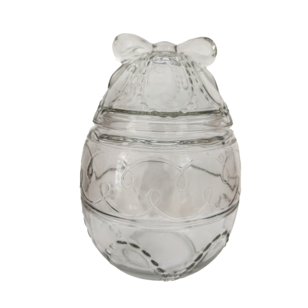 Vintage Style Clear Glass Easter Egg Candy Jar with Bow Lid Embossed Scroll